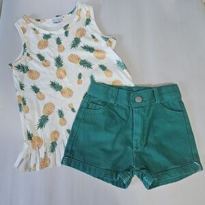 Dash of Glitter 2 Piece Outfit Girls 2T Green Denim Shorts and Pineapple Tank